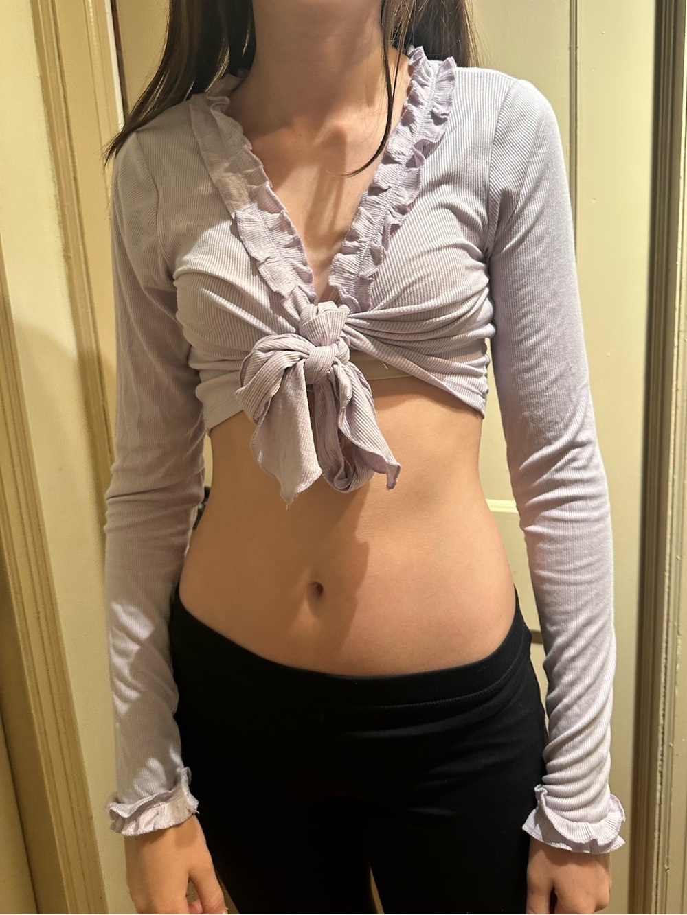 Sugar Thrillz lavendar Ruffle Tie-Front Long Sleeve Crop Top